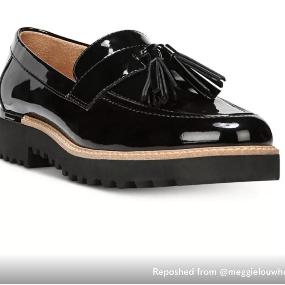 Franco Sarto Black Patent Tassel Loafer with Lug Sole - Women